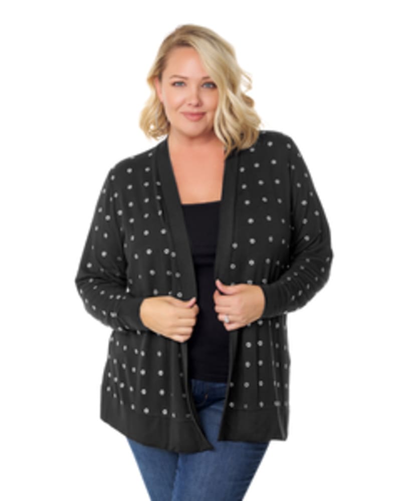Front of a model wearing a size 1X Grommet Cardigan in H. CHARCOAL/SILVER by Belldini Black Label. | dia_product_style_image_id:245926